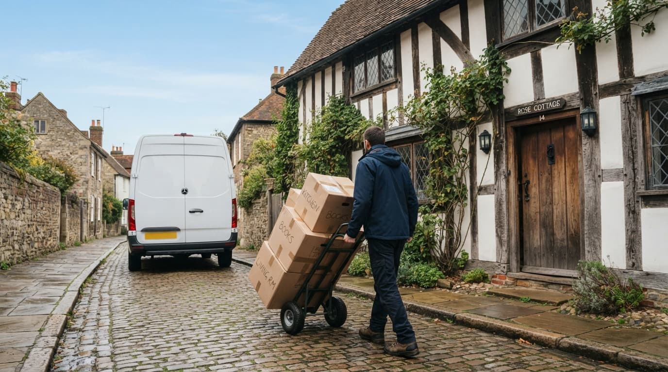 Man and van in Canterbury wheeling a trolley of moving boxes to a period cottage door